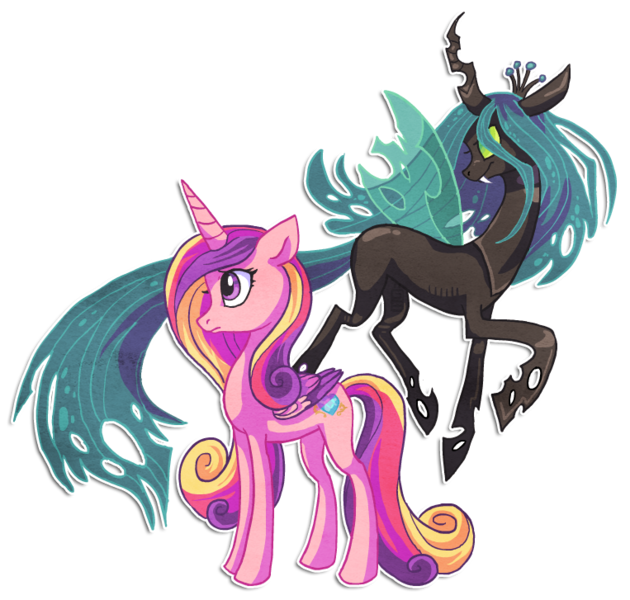 Size: 763x727 | Tagged: safe, artist:griffsnuff, derpibooru import, princess cadance, queen chrysalis, alicorn, changeling, changeling queen, pony, duo, fangs, female, image, mare, outline, png, raised hoof, simple background, transparent background