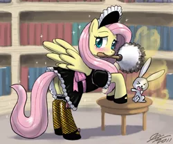 Size: 1200x1000 | Tagged: safe, artist:johnjoseco, derpibooru import, angel bunny, fluttershy, pegasus, pony, blushing, clothes, dust, duster, female, fishnets, fluttermaid, maid, mare, mouth hold, photoshop, plot