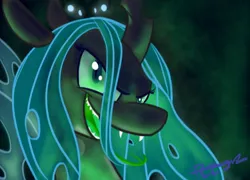 Size: 1366x986 | Tagged: safe, artist:cosmic-rust, derpibooru import, queen chrysalis, changeling, changeling queen, abstract background, fangs, female, frown, grin, image, jpeg, looking at you, open mouth, signature, smiling, solo, tongue out
