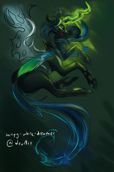 Size: 1000x1500 | Tagged: safe, artist:cloudy-diaries, derpibooru import, queen chrysalis, changeling, changeling queen, abstract background, deviantart link, female, flying, glowing horn, horn, image, looking at you, no teeth, open mouth, png, solo