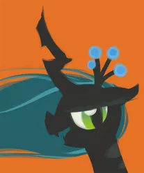 Size: 600x723 | Tagged: source needed, safe, artist:acidandgrit, derpibooru import, queen chrysalis, changeling, changeling queen, bust, fangs, female, frown, image, open mouth, orange background, png, portrait, simple background, smiling, solo, wind, windswept mane