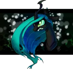 Size: 911x856 | Tagged: safe, artist:ketrindarkdragon, derpibooru import, queen chrysalis, changeling, changeling queen, abstract background, angry, bust, female, floppy ears, funny face, gritted teeth, image, looking up, png, signature, solo