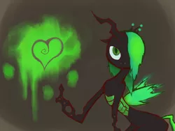 Size: 1400x1050 | Tagged: safe, artist:norg, derpibooru import, queen chrysalis, changeling, changeling queen, fangs, female, floppy ears, gradient background, green changeling, hair over one eye, heart, image, lanky, looking at you, png, pointing, raised hoof, solo
