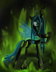 Size: 743x958 | Tagged: safe, artist:shiv3ry, derpibooru import, queen chrysalis, changeling, changeling queen, female, fire, hoof on chest, image, lidded eyes, png, raised hoof, signature, solo, standing