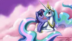 Size: 2400x1350 | Tagged: safe, artist:johnjoseco, derpibooru import, princess celestia, twilight sparkle, alicorn, pony, unicorn, blushing, cloud, cloudy, cutie mark, eye contact, female, friendshipping, hooves, horn, looking at each other, lying on a cloud, mare, on a cloud, photoshop, shipping, smiling, twilestia, unicorn twilight, wallpaper, wings