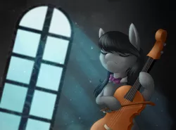 Size: 1355x1000 | Tagged: safe, artist:lightning-stars, derpibooru import, octavia melody, earth pony, pony, bipedal, cello, dust motes, eyes closed, female, mare, musical instrument, playing, solo, window