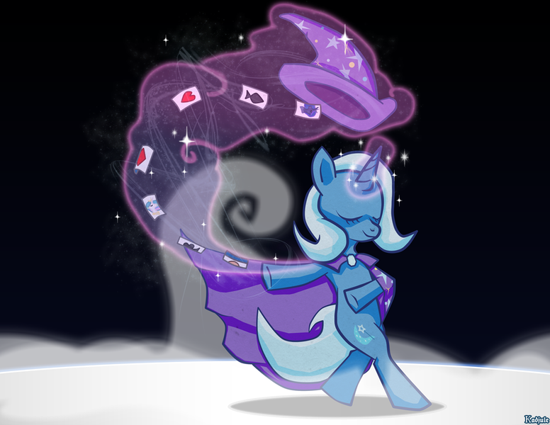 Size: 1100x850 | Tagged: safe, artist:kadjule, derpibooru import, trixie, pony, unicorn, bipedal, cape, card, clothes, eyes closed, female, hat, levitation, magic, mare, smiling, solo, stage, trixie's hat, walking