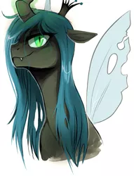 Size: 677x884 | Tagged: source needed, safe, artist:starloo, derpibooru import, queen chrysalis, changeling, changeling queen, bust, fangs, female, floppy ears, frown, glowing horn, image, looking at you, magic, png, simple background, smiling, solo, white background