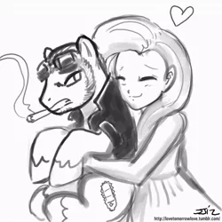 Size: 850x850 | Tagged: safe, artist:johnjoseco, derpibooru import, fluttershy, ponified, earth pony, human, pony, annoyed, cigarette, crossover, duo, female, grayscale, heart, holding a pony, humanized, jack cayman, madworld, male, monochrome, smoking, stallion