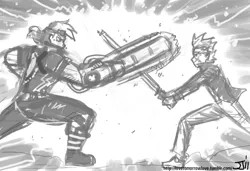 Size: 1100x753 | Tagged: artist:johnjoseco, big macintosh, derpibooru import, duo, duo male, fight, grayscale, human, humanized, jack cayman, madworld, male, monochrome, no more heroes, safe, spike, travis touchdown