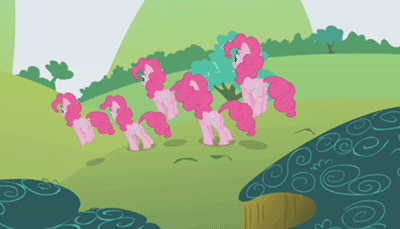 Size: 400x229 | Tagged: safe, derpibooru import, edit, edited screencap, screencap, pinkie pie, earth pony, pony, griffon the brush off, animated, female, foreshadowing, gif, hilarious in hindsight, mare, multeity, perfect loop, solo, too much pink energy is dangerous, xk-class end-of-the-world scenario