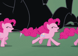 Size: 413x299 | Tagged: safe, derpibooru import, edit, edited screencap, screencap, cerberus (character), pinkie pie, cerberus, earth pony, pony, it's about time, animated, cropped, eyes closed, female, gif, mare, multeity, multiple heads, perfect loop, running, three heads, too much pink energy is dangerous