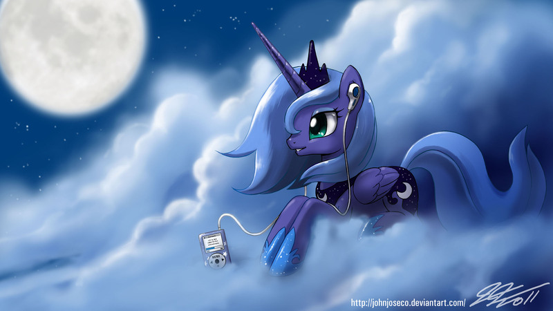 Size: 2400x1350 | Tagged: safe, artist:johnjoseco, derpibooru import, princess luna, alicorn, pony, artifact, cloud, cloudy, cutie mark, earbuds, female, full moon, grin, hooves, horn, ipod, jewelry, lying on a cloud, mare, moon, mp3 player, night, night sky, on a cloud, photoshop, prone, regalia, s1 luna, sky, smiling, solo, stars, tiara, wallpaper, wings