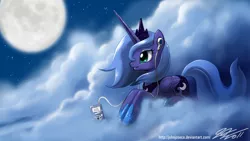 Size: 2400x1350 | Tagged: safe, artist:johnjoseco, derpibooru import, princess luna, alicorn, pony, artifact, cloud, cloudy, cutie mark, earbuds, female, full moon, grin, hooves, horn, ipod, jewelry, lying on a cloud, mare, moon, mp3 player, night, night sky, on a cloud, photoshop, prone, regalia, s1 luna, sky, smiling, solo, stars, tiara, wallpaper, wings
