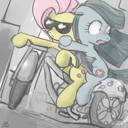 Size: 800x800 | Tagged: dead source, safe, artist:speccysy, derpibooru import, fluttershy, marble pie, earth pony, pegasus, pony, duo, duo female, female, floppy ears, flutterbadass, holding on, mare, motorcycle, scared, sunglasses