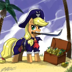 Size: 900x900 | Tagged: safe, artist:johnjoseco, derpibooru import, applejack, earth pony, pony, apple, chest, clothes, female, mare, mouth hold, palm tree, pirate, solo, sword, treasure chest, tree, tricorne, weapon