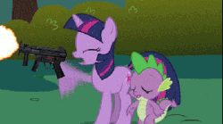 Size: 300x167 | Tagged: safe, derpibooru import, edit, edited screencap, screencap, spike, twilight sparkle, dragon, pony, unicorn, friendship is magic, animated, duo, eyes closed, female, gif, gun, male, mare, mp5, mp5k, muzzle flash, open mouth, ponies with guns, shooting, submachinegun, unicorn twilight, weapon, who needs trigger fingers