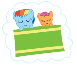 Size: 711x600 | Tagged: safe, artist:doctorxfizzle, derpibooru import, rainbow dash, scootaloo, pegasus, pony, baby, baby pony, cloud, cute, duo, duo female, female, foal, on back, scootalove, sleeping