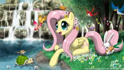 Size: 2400x1350 | Tagged: safe, artist:johnjoseco, derpibooru import, angel bunny, derpy hooves, dinky hooves, fluttershy, bird, butterfly, pegasus, pony, turtle, carrot, female, flower, flower in hair, flower patch, mare, photoshop, prone, scenery, solo focus, tail pillow, wallpaper, water, waterfall