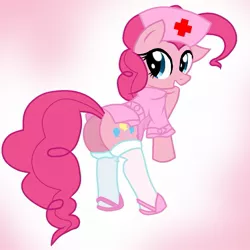 Size: 1297x1297 | Tagged: suggestive, artist:pyruvate, derpibooru import, pinkie pie, earth pony, pony, balloonbutt, bipedal, clothes, female, gradient background, looking back, mare, nurse, nurse outfit, plot, socks, solo, solo female