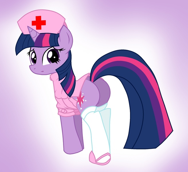 Size: 1963x1796 | Tagged: suggestive, artist:pyruvate, derpibooru import, twilight sparkle, pony, unicorn, clothes, female, gradient background, looking back, mare, nurse, plot, socks, solo, solo female