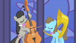 Size: 640x360 | Tagged: safe, derpibooru import, screencap, beauty brass, octavia melody, earth pony, pony, the best night ever, animated, cello, duo, duo female, eyes closed, female, gif, mare, musical instrument, sousaphone
