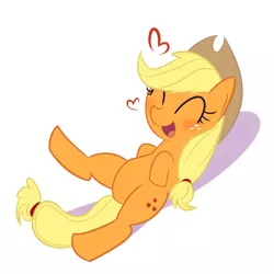 Size: 800x800 | Tagged: dead source, safe, artist:thegalen, derpibooru import, edit, applejack, earth pony, pony, eyes closed, female, heart, mare, on back, smiling, solo