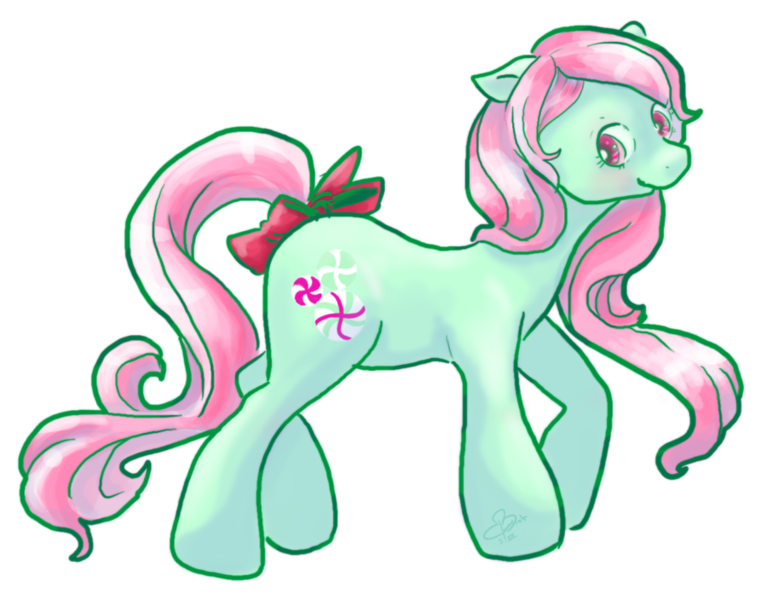 Size: 900x704 | Tagged: safe, artist:cloverminto, derpibooru import, minty, earth pony, pony, bow, female, floppy ears, g3, g3 to g4, generation leap, mare, outline, simple background, solo, tail bow, transparent background