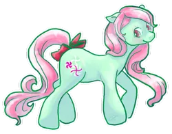 Size: 900x704 | Tagged: safe, artist:cloverminto, derpibooru import, minty, earth pony, pony, bow, female, floppy ears, g3, g3 to g4, generation leap, mare, outline, simple background, solo, tail bow, transparent background