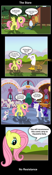 Size: 1280x4271 | Tagged: artist needed, safe, derpibooru import, fluttershy, gilda, rarity, sweetie belle, chicken, gryphon, pegasus, pony, unicorn, pony creator, carousel boutique, comic, female, filly, fourth wall, mare, mind control, stare, the stare