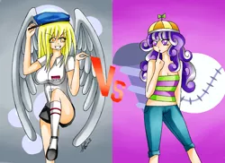 Size: 3509x2550 | Tagged: artist:manhunterj, cutie mark background, derpibooru import, derpy hooves, duo, duo female, female, fighting is magic, high res, human, humanized, safe, screwball, winged humanization