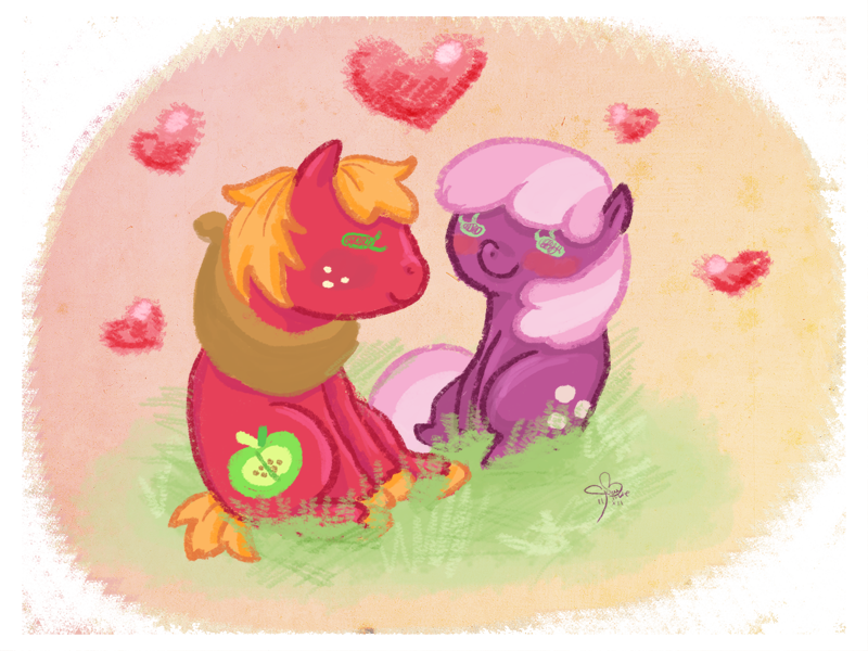 Size: 800x600 | Tagged: safe, artist:cloverminto, derpibooru import, big macintosh, cheerilee, earth pony, pony, blushing, cheerimac, female, grass, heart, male, mare, shipping, sitting, stallion, straight