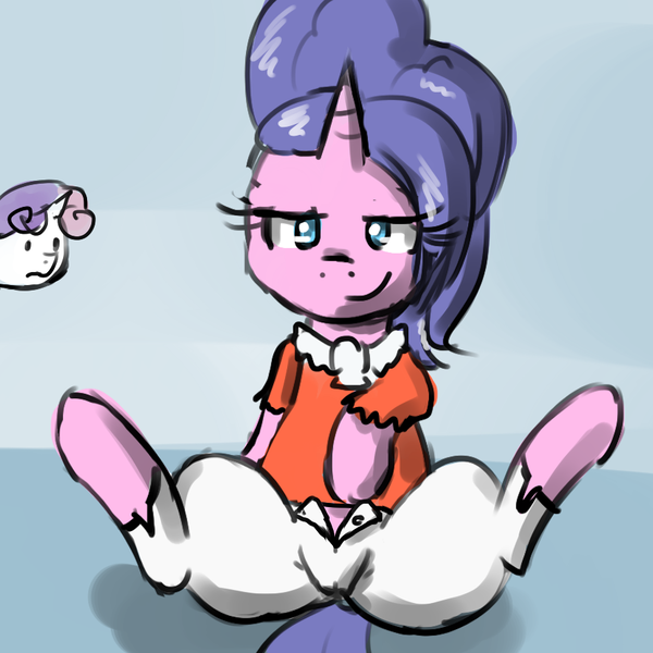 Size: 900x900 | Tagged: questionable, artist:sirachanotsauce, derpibooru import, cookie crumbles, sweetie belle, pony, unicorn, cameltoe, clothes, duo, duo female, female, filly, mare, sitting, spread legs, spreading