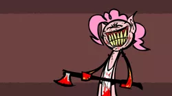 Size: 1204x673 | Tagged: apron, artist:lazy, axe, blood, butcher's apron, clothes, creepy face, derpibooru import, edit, eyes closed, female, grimdark, grin, pinkie pie, semi-anthro, smiling, solo, weapon
