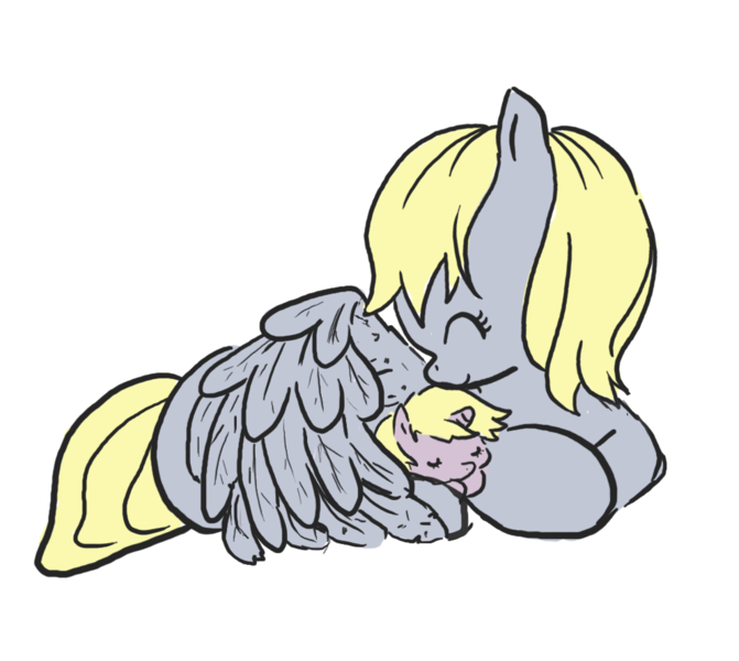 Size: 993x888 | Tagged: safe, artist:cloverminto, derpibooru import, derpy hooves, dinky hooves, pegasus, pony, unicorn, cute, derpabetes, dinkabetes, equestria's best mother, eyes closed, female, filly, hug, mare, mother and daughter, outline, prone, sleeping, snuggling, wing blanket, winghug