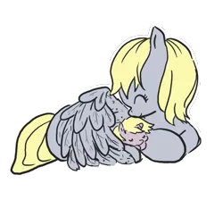 Size: 993x888 | Tagged: safe, artist:cloverminto, derpibooru import, derpy hooves, dinky hooves, pegasus, pony, unicorn, cute, derpabetes, dinkabetes, equestria's best mother, eyes closed, female, filly, hug, mare, mother and daughter, outline, prone, sleeping, snuggling, wing blanket, winghug