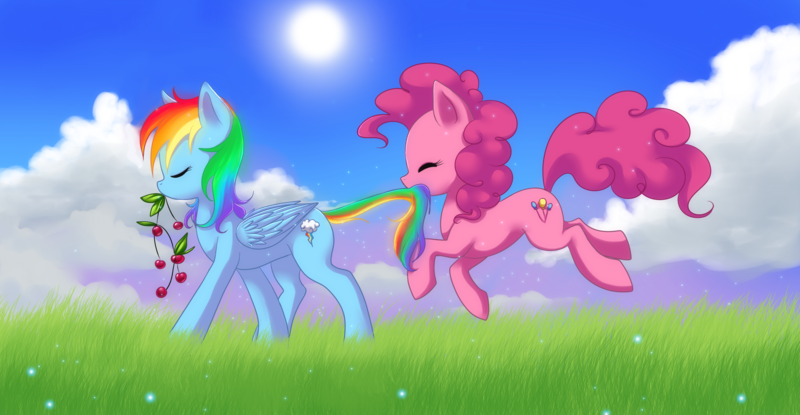 Size: 3660x1900 | Tagged: safe, artist:jacky-bunny, derpibooru import, pinkie pie, rainbow dash, earth pony, pegasus, pony, cherry, cloud, cloudy, cute, eyes closed, female, grass, happy, lesbian, mare, mouth hold, outdoors, pinkiedash, shipping, sun, tail bite, walking, wallpaper