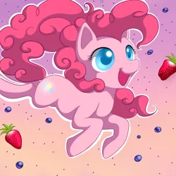 Size: 2222x2222 | Tagged: safe, artist:jacky-bunny, derpibooru import, pinkie pie, earth pony, pony, abstract background, blueberry, colored pupils, female, food, happy, high res, jumping, mare, outline, solo, strawberry