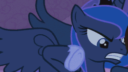 Size: 427x240 | Tagged: safe, derpibooru import, edit, edited screencap, screencap, princess luna, alicorn, pony, luna eclipsed, animated, black shadow, explosion, f-zero, falcon punch, female, frown, gif, glare, gritted teeth, luna punch, mare, punch, spread wings