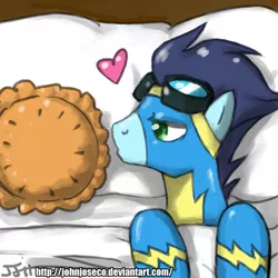 Size: 900x900 | Tagged: safe, artist:johnjoseco, derpibooru import, soarin', pegasus, pony, bed, cargo ship, crack shipping, goggles, heart, kissing, male, morning ponies, on back, photoshop, pie, shipping, stallion, that pony sure does love pies, wonderbolts uniform