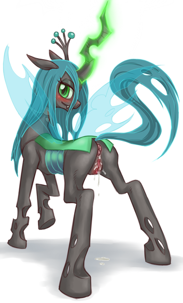 Size: 968x1600 | Tagged: explicit, artist:hoihoi, derpibooru import, queen chrysalis, changeling, changeling queen, anus, bedroom eyes, blushing, fangs, female, floppy ears, glowing horn, horn, human vagina on changeling, image, looking at you, looking back, nudity, plot, png, presenting, raised hoof, rear view, shadow, simple background, solo, solo female, standing, vaginal secretions, vulva, white background