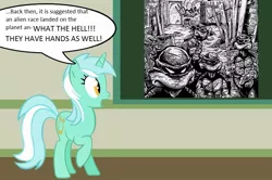 Size: 889x590 | Tagged: safe, derpibooru import, lyra heartstrings, pony, unicorn, chalkboard, donatello, female, human studies101 with lyra, leonardo, mare, meme, michelangelo, raphael, shocked, solo, teenage mutant ninja turtles