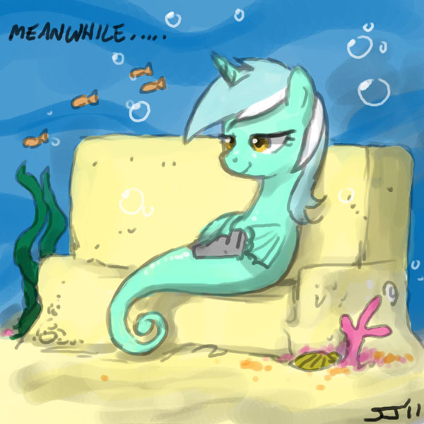 Size: 600x600 | Tagged: 2011, artifact, artist:johnjoseco, background pony, derpibooru import, female, fish, lyra heartstrings, meanwhile, photoshop, safe, seahorse, sea pony, seapony lyra, sitting, solo, underwater