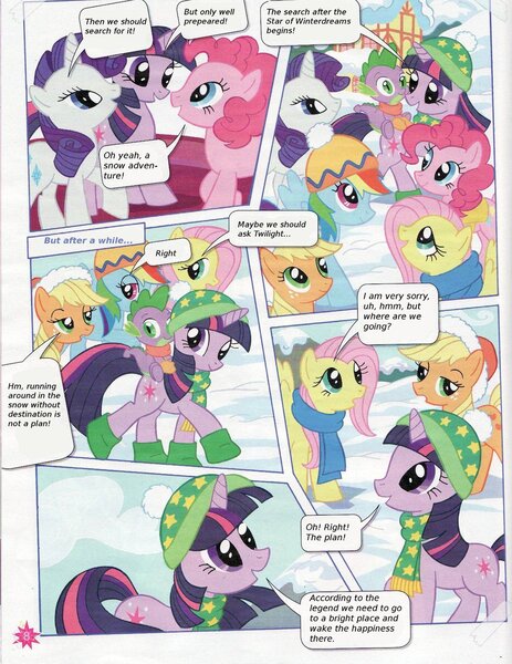 Size: 900x1166 | Tagged: safe, derpibooru import, official, applejack, fluttershy, pinkie pie, rainbow dash, rarity, spike, twilight sparkle, dragon, earth pony, pegasus, pony, unicorn, comic, dragons riding ponies, female, german comic, male, mare, riding, snow, the star of winterdreams, translation