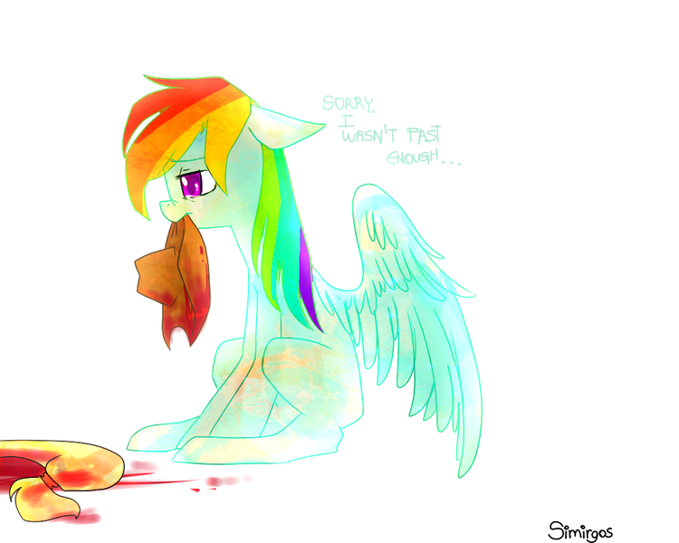 Size: 1000x800 | Tagged: grimdark, artist:simirgos, derpibooru import, applejack, rainbow dash, earth pony, pegasus, pony, blood, crying, death, female, floppy ears, mare, mouth hold, sad, sitting, solo focus