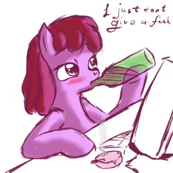 Size: 1024x1024 | Tagged: safe, artist:snus-kun, derpibooru import, berry punch, berryshine, earth pony, pony, alcohol, ashtray, blushing, bottle, cigarette, computer, drinking, drunk, female, image, mare, png, solo, vulgar, wine, wine bottle