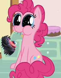 Size: 777x991 | Tagged: safe, artist:keanno, derpibooru import, pinkie pie, earth pony, pony, :t, animated, bright eyed, chewing, cute, diapinkes, dilated pupils, eating, fabric of reality, female, fourth wall, gif, mare, my god its full of stars, nom, puffy cheeks, sitting, smiling, solo, starry eyes, the cosmos, wingding eyes, xk-class end-of-the-world scenario