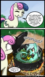 Size: 600x1012 | Tagged: safe, artist:johnjoseco, derpibooru import, bon bon, lyra heartstrings, sweetie drops, earth pony, pony, sea pony, unicorn, 2011, comic, cooked alive, cooking, cooking vore, dialogue, duo, duo female, eyes closed, female, grin, i didn't put those in my bag, image, implied applejack, implied cannibalism, implied vore, jpeg, junji ito, laughing, looking at each other, looking at someone, mare, non sequitur, open mouth, open smile, photoshop, pot, rubber duck, seaponified, seapony lyra, seaunicorn, shocked, silly, silly pony, smiling, species swap, speech bubble, squee, steam, stew, sweat, sweatdrop, theme song, uzumaki, wat, wide eyes