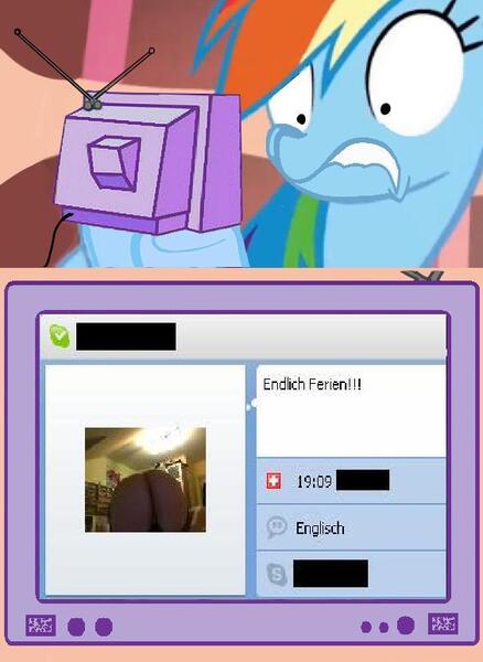 Size: 563x771 | Tagged: questionable, derpibooru import, rainbow dash, human, pegasus, pony, ass, censored, exploitable meme, female, irl, mare, meme, photo, skype, solo, solo female, television, tv meme