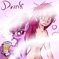 Size: 1000x1000 | Tagged: suggestive, artist:snus-kun, derpibooru import, berry punch, berryshine, earth pony, human, pony, beer, breasts, casual nudity, cigarette, female, human ponidox, humanized, mare, messy mane, nudity, smoking, strategically covered